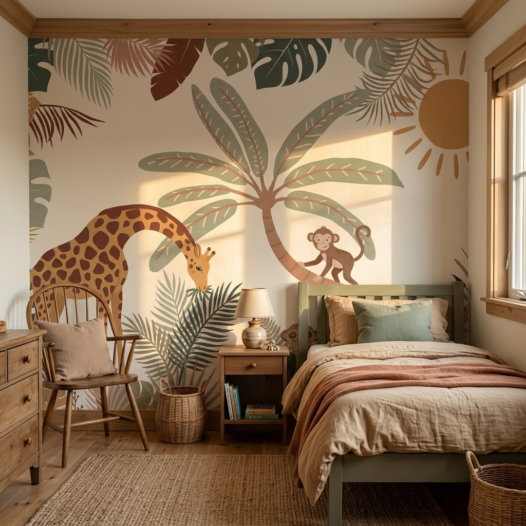Boho Safari Zürafa Maymun Leopar Palmiye Çocuk Duvar Kağıdı - görsel 18