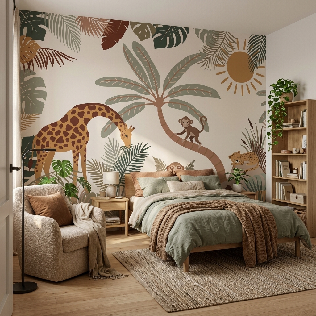 Boho Safari Zürafa Maymun Leopar Palmiye Çocuk Duvar Kağıdı - görsel 4