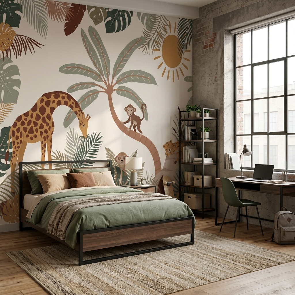Boho Safari Zürafa Maymun Leopar Palmiye Çocuk Duvar Kağıdı - görsel 5