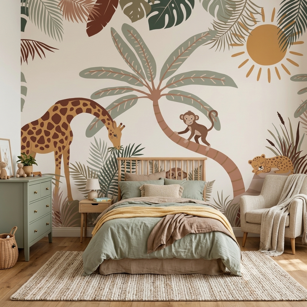 Boho Safari Zürafa Maymun Leopar Palmiye Çocuk Duvar Kağıdı - görsel 6