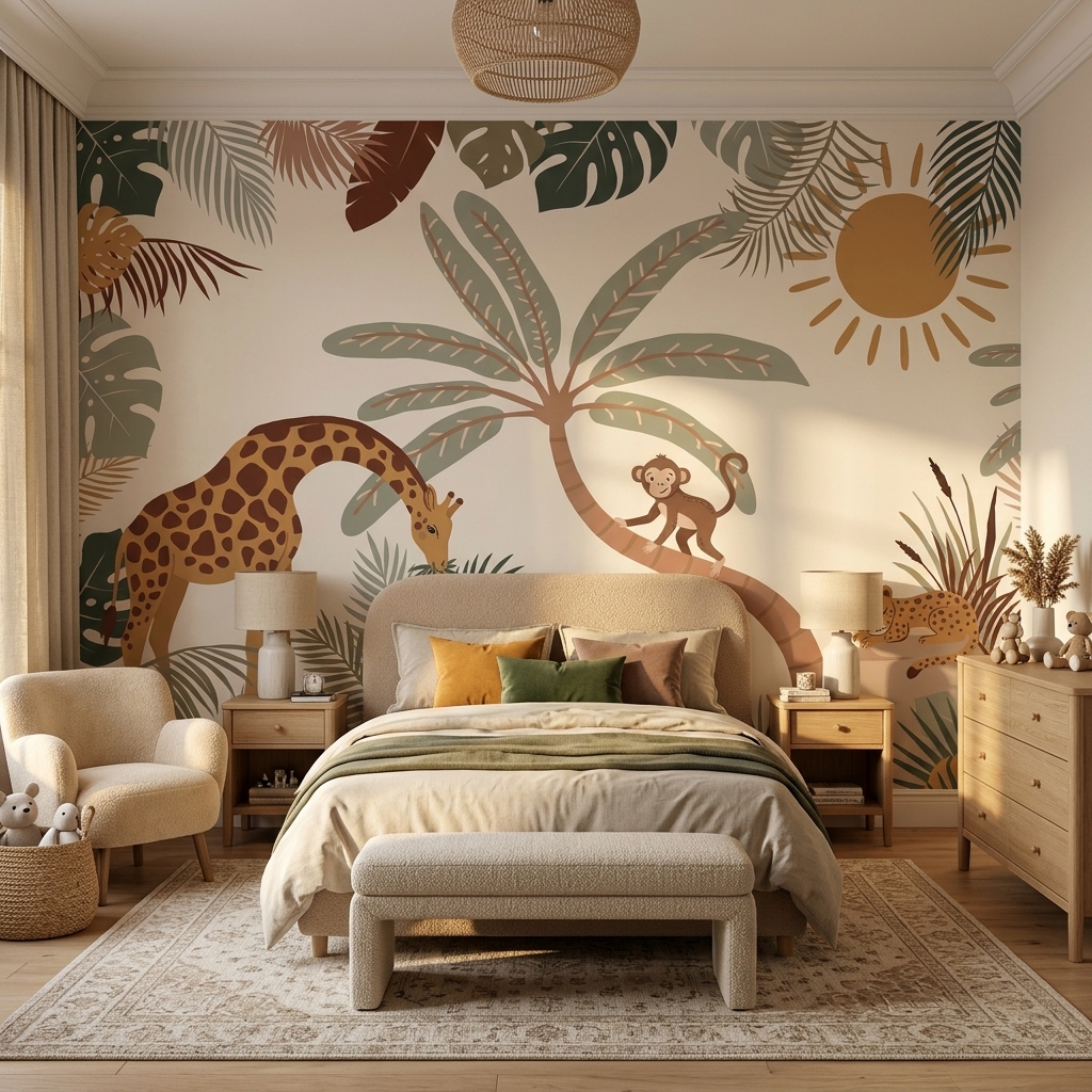 Boho Safari Zürafa Maymun Leopar Palmiye Çocuk Duvar Kağıdı - görsel 7