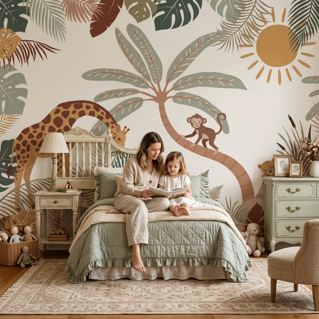 Boho Safari Zürafa Maymun Leopar Palmiye Çocuk Duvar Kağıdı - görsel 8