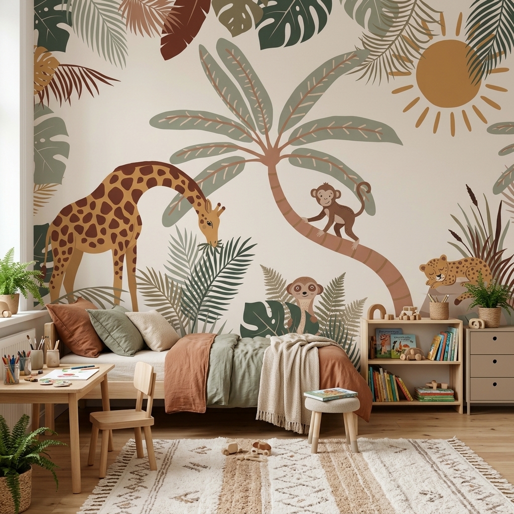 Boho Safari Zürafa Maymun Leopar Palmiye Çocuk Duvar Kağıdı - görsel 9