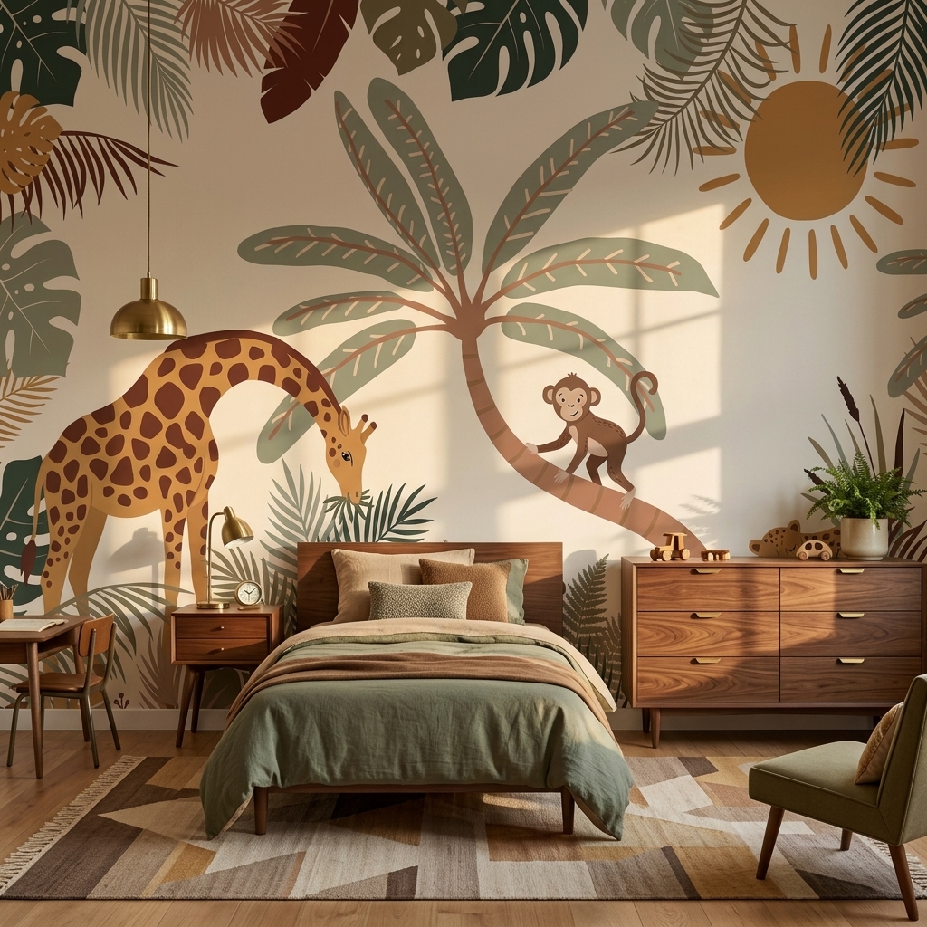 Boho Safari Zürafa Maymun Leopar Palmiye Çocuk Duvar Kağıdı - görsel 10