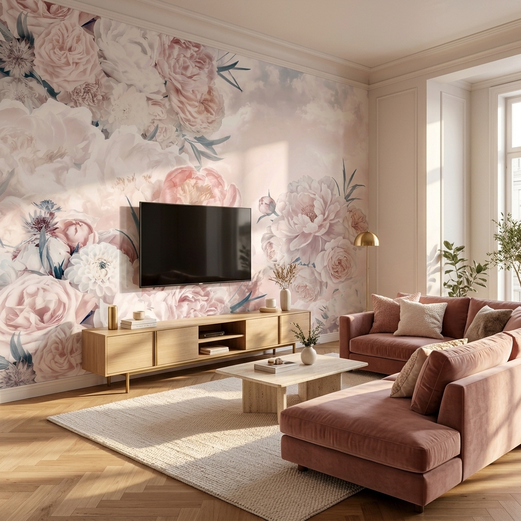 Bulutlu Gökyüzü Pastel Pembe Şakayık Gül Duvar Kağıdı - görsel 13