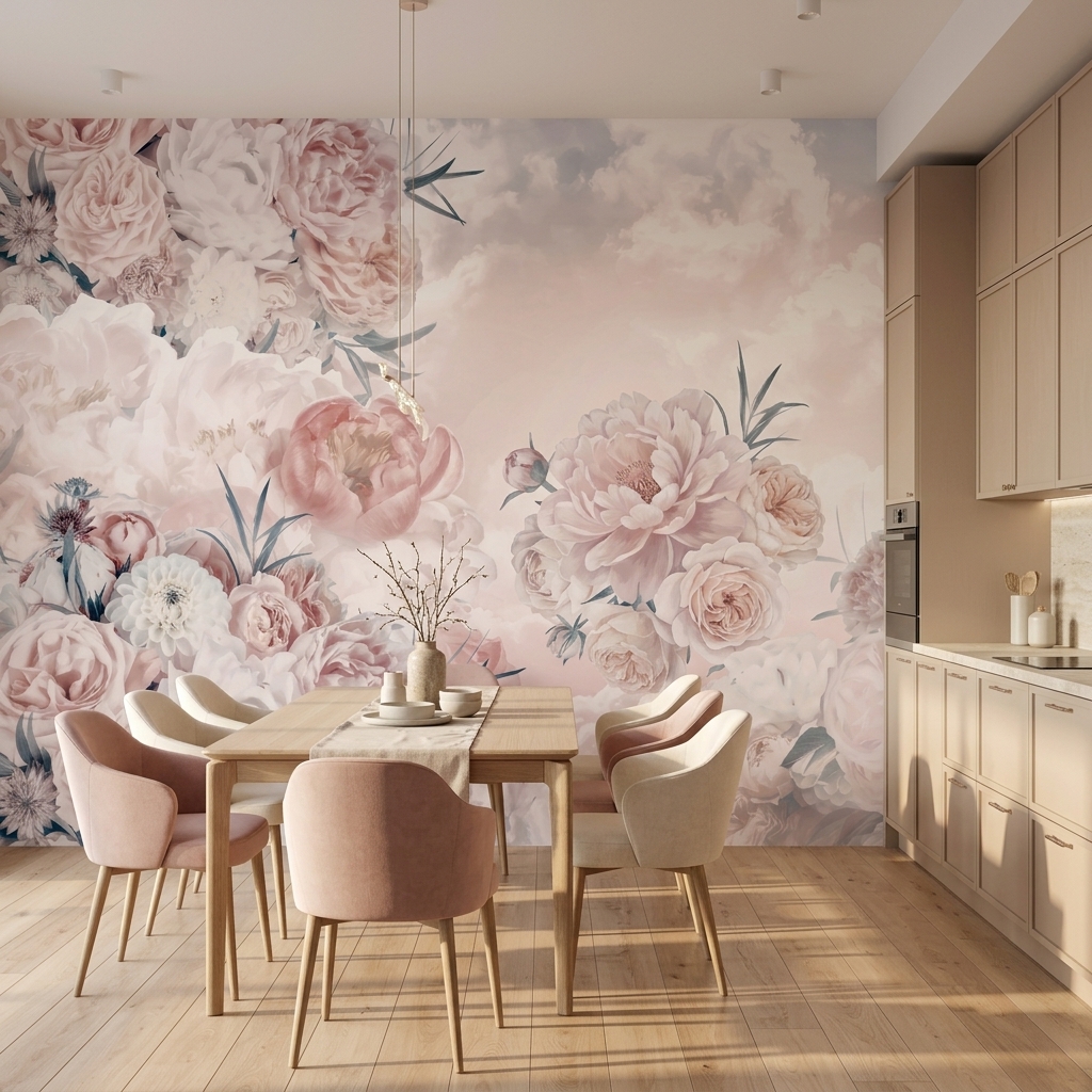 Bulutlu Gökyüzü Pastel Pembe Şakayık Gül Duvar Kağıdı - görsel 18