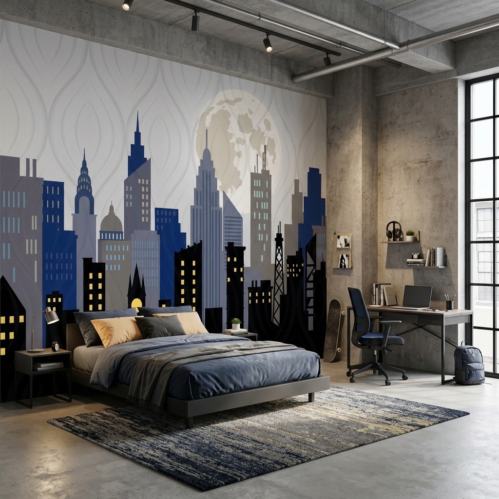 Dolunaylı Gece Gökdelen Silüetli Çocuk Odası Duvar Kağıdı - görsel 3