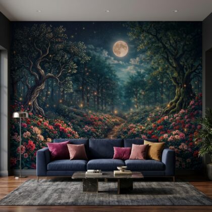 Dolunaylı Gece Ormanı Çiçekli Patika Duvar Kağıdı