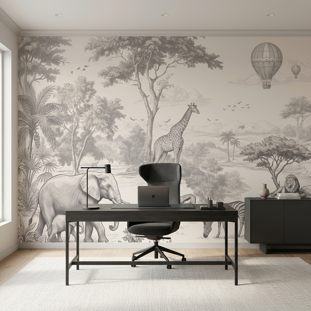 Gravür Safari Hayvanları Fil Zürafa ve Zebra Duvar Kağıdı - görsel 7