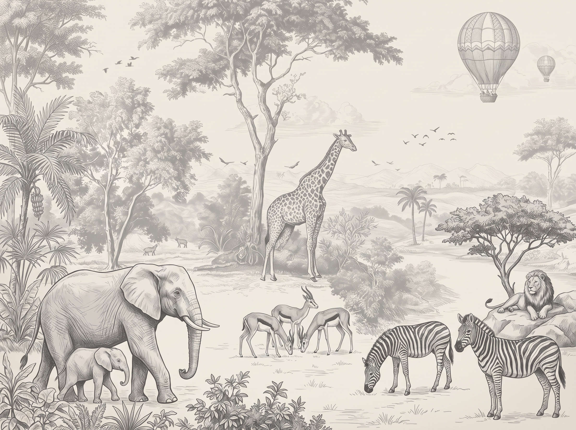 Gravür Safari Hayvanları Fil Zürafa ve Zebra Duvar Kağıdı - görsel 19