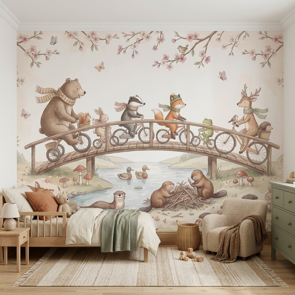 Köprüde Bisikletli Orman Hayvanları Çocuk Duvar Kağıdı - görsel 2