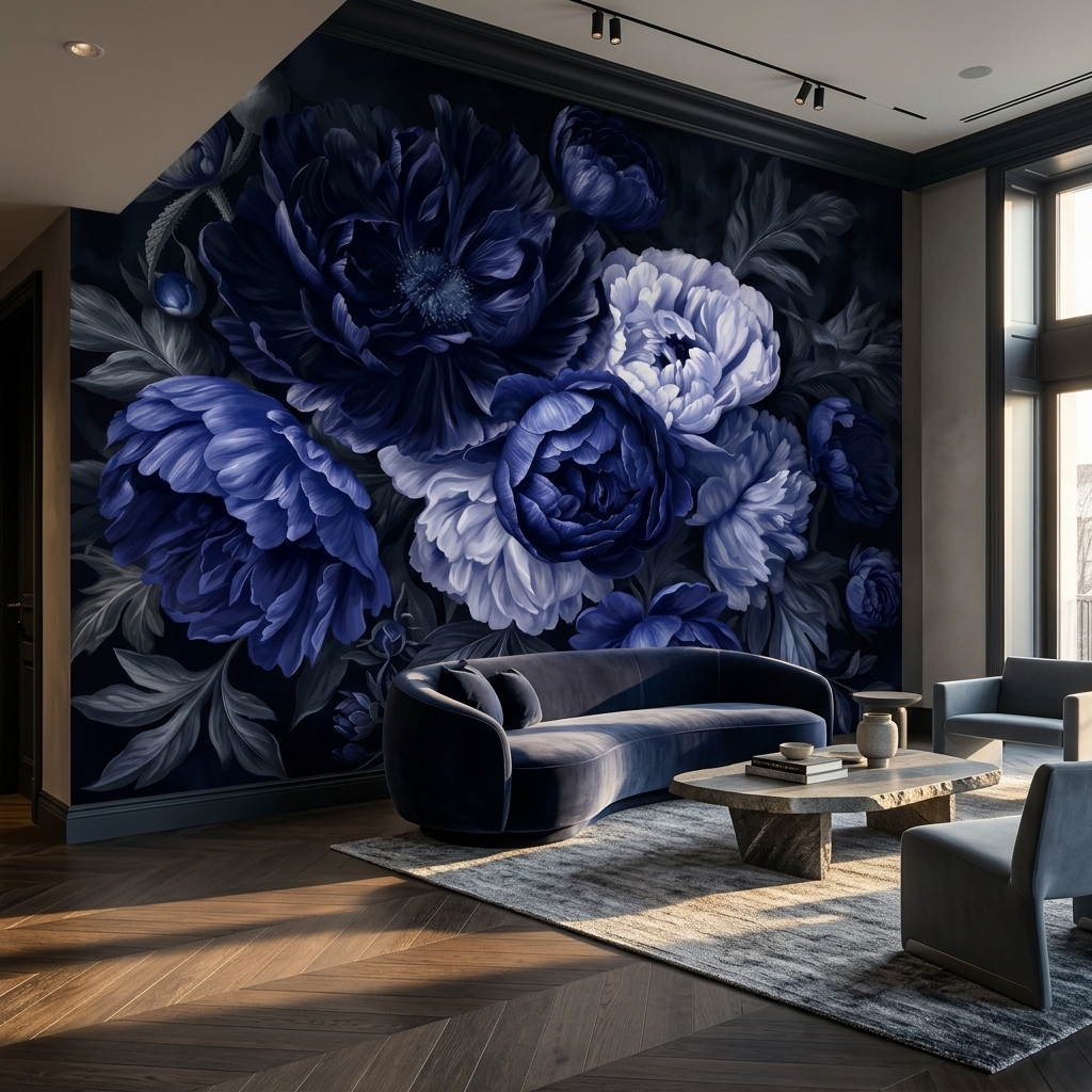 Koyu Lacivert Beyaz Şakayık Yağlı Boya Duvar Kağıdı - görsel 6
