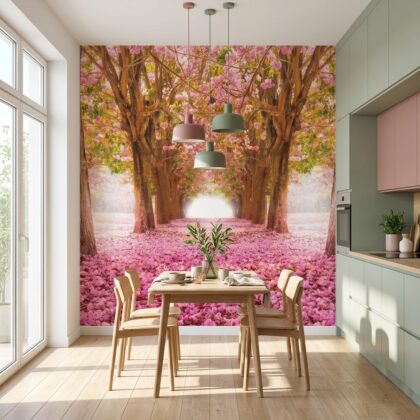 Pembe Çiçek Yapraklı Ağaç Yolu Manzarası Duvar Kağıdı