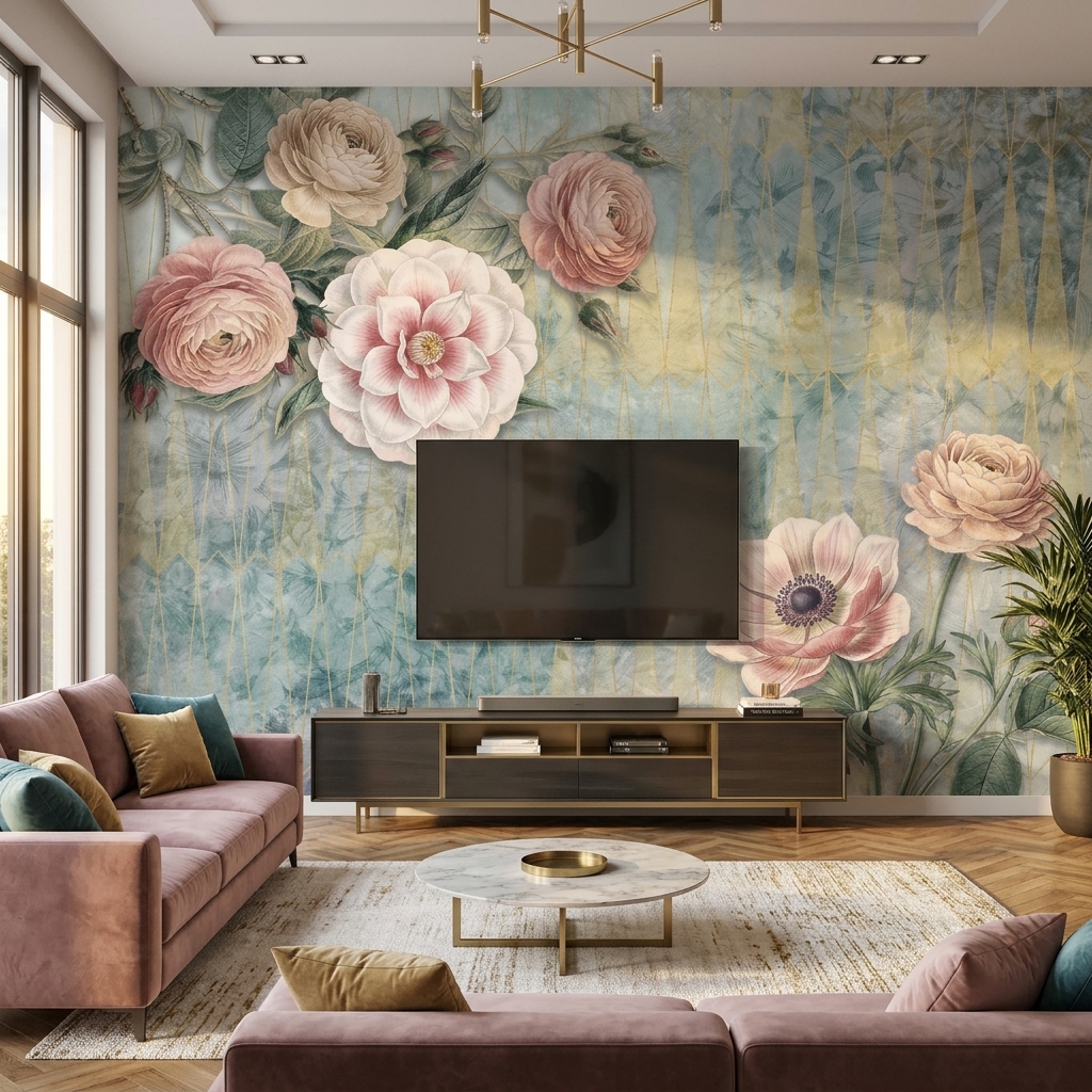 Pembe Şakayık Ranunkulus Mavi Dokulu Zeminli Duvar Kağıdı