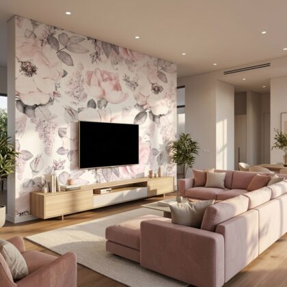 Soluk Pembe Gül Yaprak Desenli Beyaz Zeminli Duvar Kağıdı
