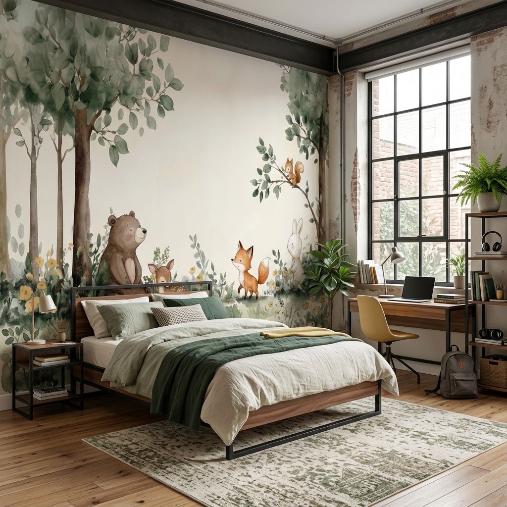 Yeşil Ağaçlar Altında Ayı Tilki Tavşan Çocuk Duvar Kağıdı - görsel 7
