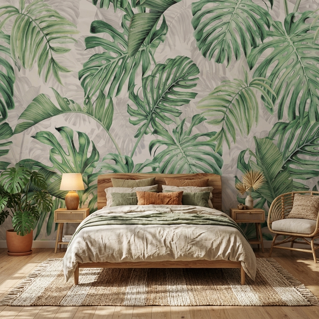 Yeşil Monstera Yaprakları Desenli Bej Zeminli Duvar Kağıdı - görsel 18