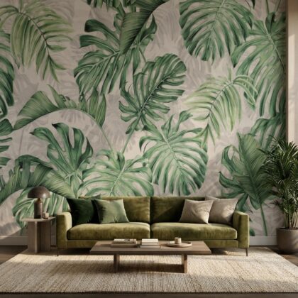 Yeşil Monstera Yaprakları Desenli Bej Zeminli Duvar Kağıdı